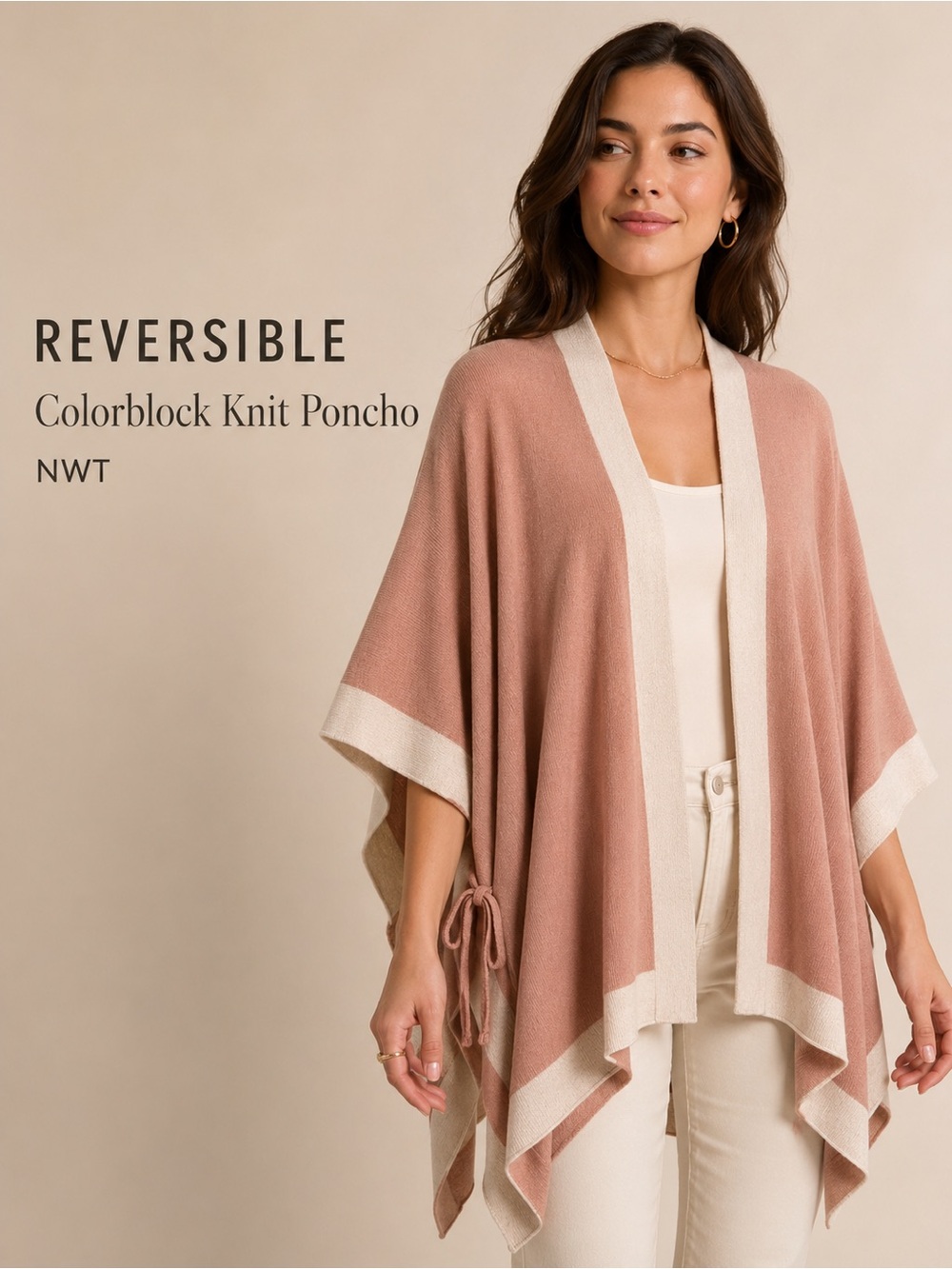 Reversible Colorblock Knit Poncho in Dusty Rose & Cream